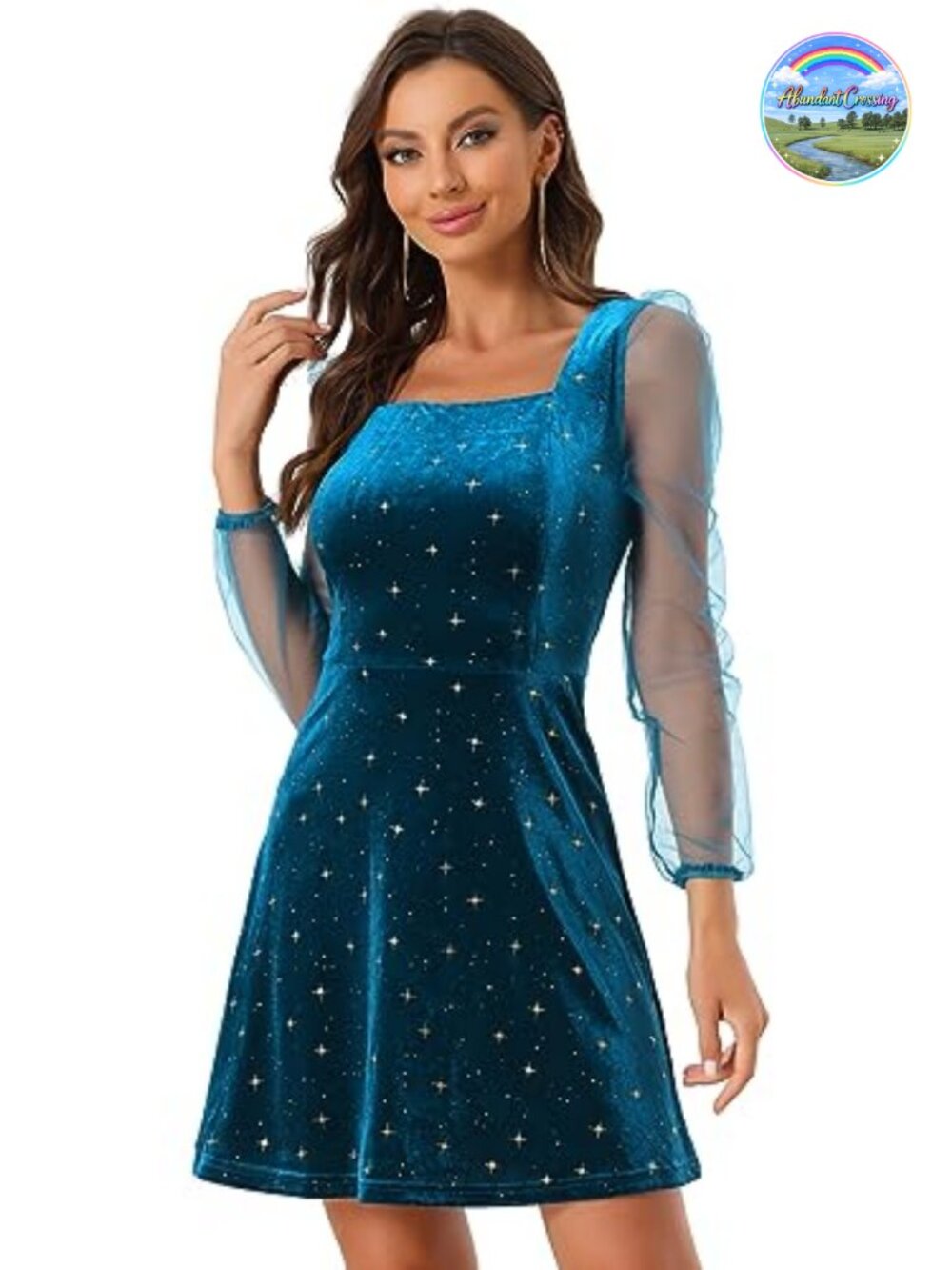 Glitter Star Metallic Velvet Mini Dress Puff Sleeve Party Club